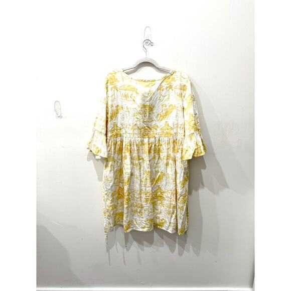 Susan Albright Bell Sleeve Printed Mini Dress Yellow / White Women's Size Large - Picture 2 of 3